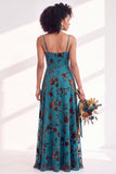 Blue Flower A-Line Velvet Long Wedding Guest Dress with Slit