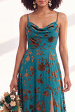 Blue Flower A-Line Velvet Long Wedding Guest Dress with Slit