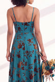 Blue Flower A-Line Velvet Long Wedding Guest Dress with Slit