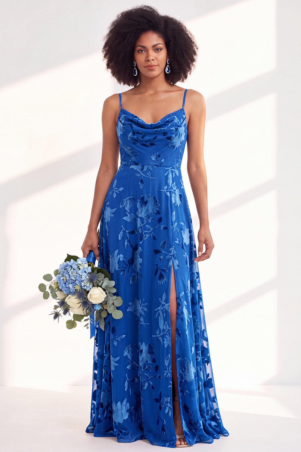 Blue Flower A-Line Velvet Long Wedding Guest Dress with Slit
