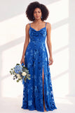 Blue Flower A-Line Velvet Long Wedding Guest Dress with Slit