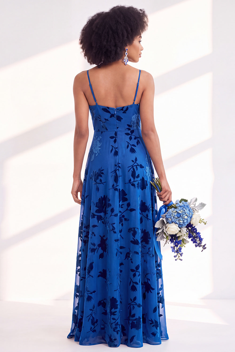 Blue Flower A-Line Velvet Long Wedding Guest Dress with Slit