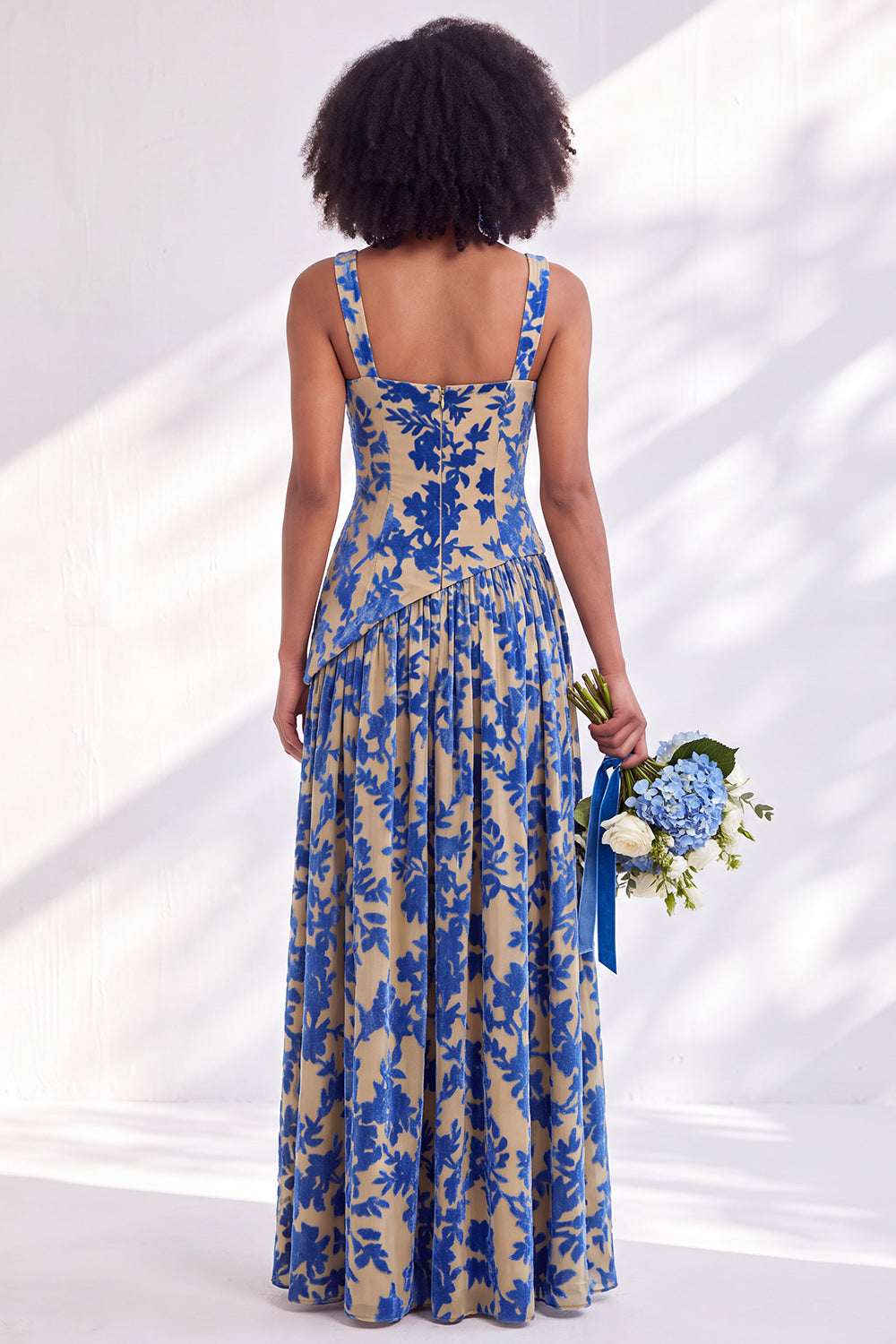 Olive Floral Square Neck Long Wedding Guest Dress with Slit