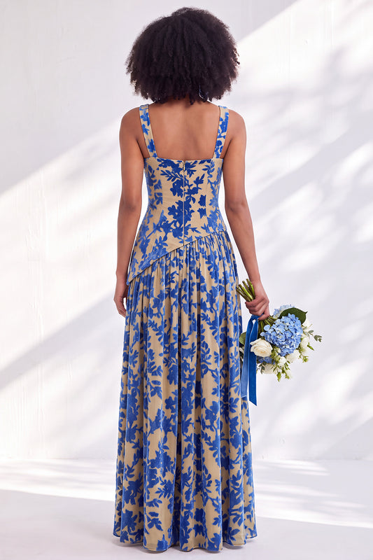 Olive Floral Square Neck Long Wedding Guest Dress with Slit