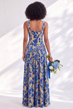 Olive Floral Square Neck Long Wedding Guest Dress with Slit