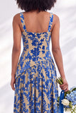 Olive Floral Square Neck Long Wedding Guest Dress with Slit