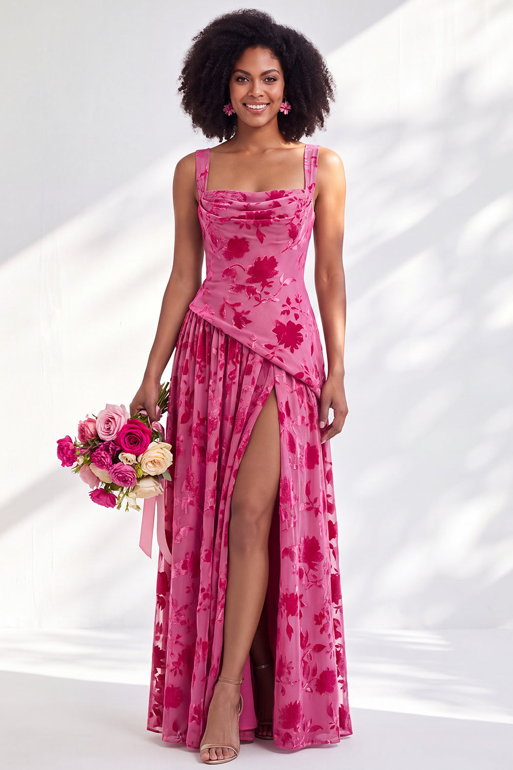 Olive Floral Square Neck Long Wedding Guest Dress with Slit