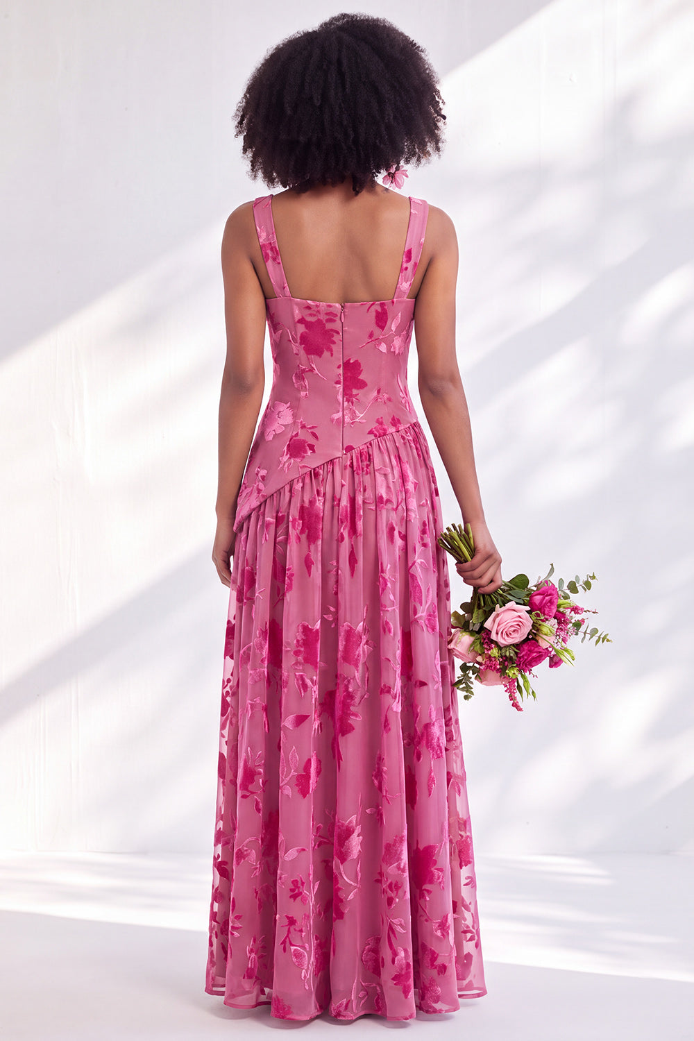 Olive Floral Square Neck Long Wedding Guest Dress with Slit