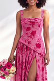 Olive Floral Square Neck Long Wedding Guest Dress with Slit