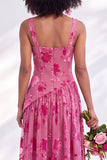 Olive Floral Square Neck Long Wedding Guest Dress with Slit