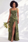 Olive Floral Square Neck Long Wedding Guest Dress with Slit