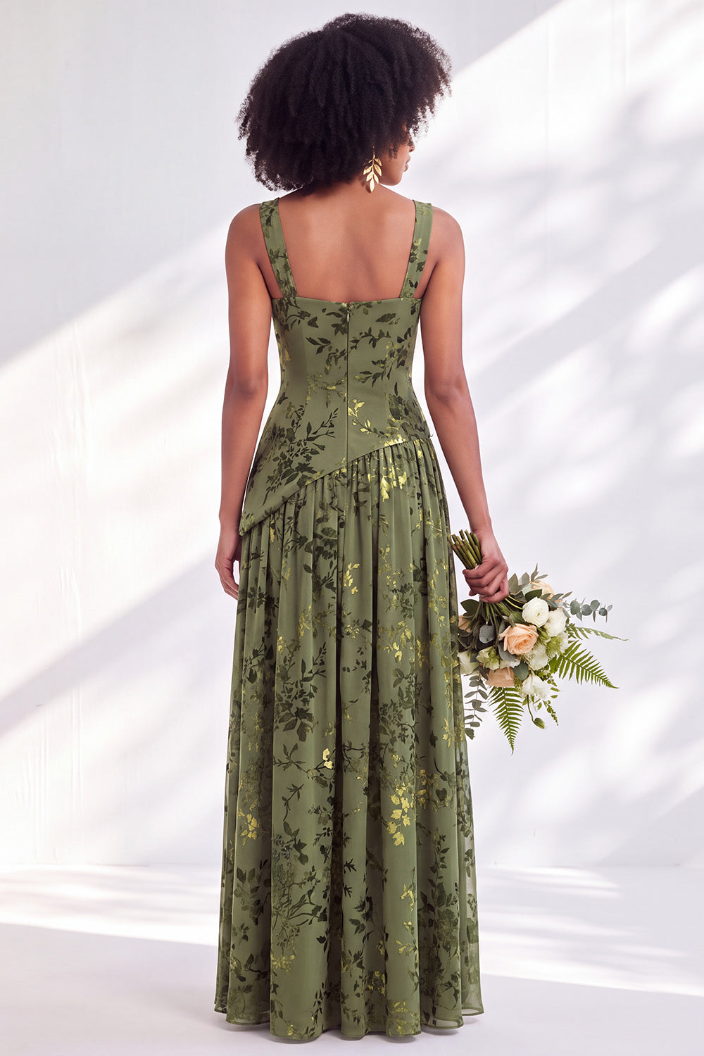 Olive Floral Square Neck Long Wedding Guest Dress with Slit
