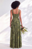 Olive Floral Square Neck Long Wedding Guest Dress with Slit