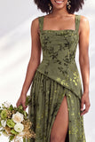 Olive Floral Square Neck Long Wedding Guest Dress with Slit
