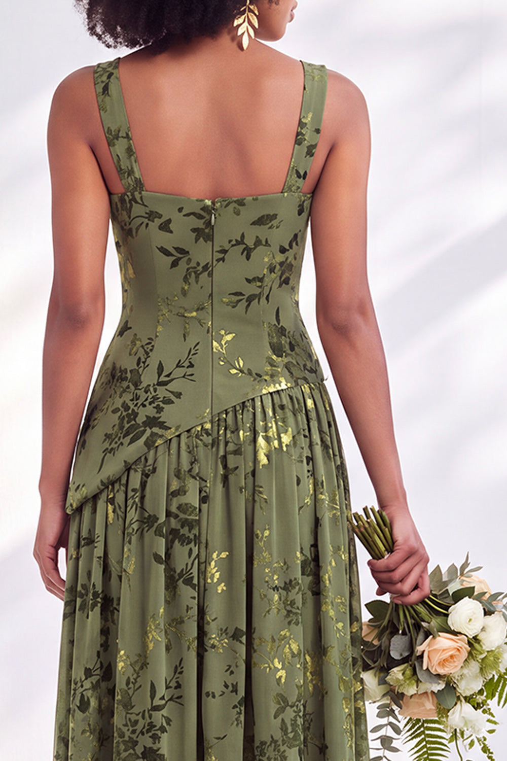Olive Floral Square Neck Long Wedding Guest Dress with Slit