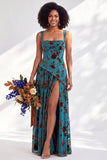 Olive Floral Square Neck Long Wedding Guest Dress with Slit