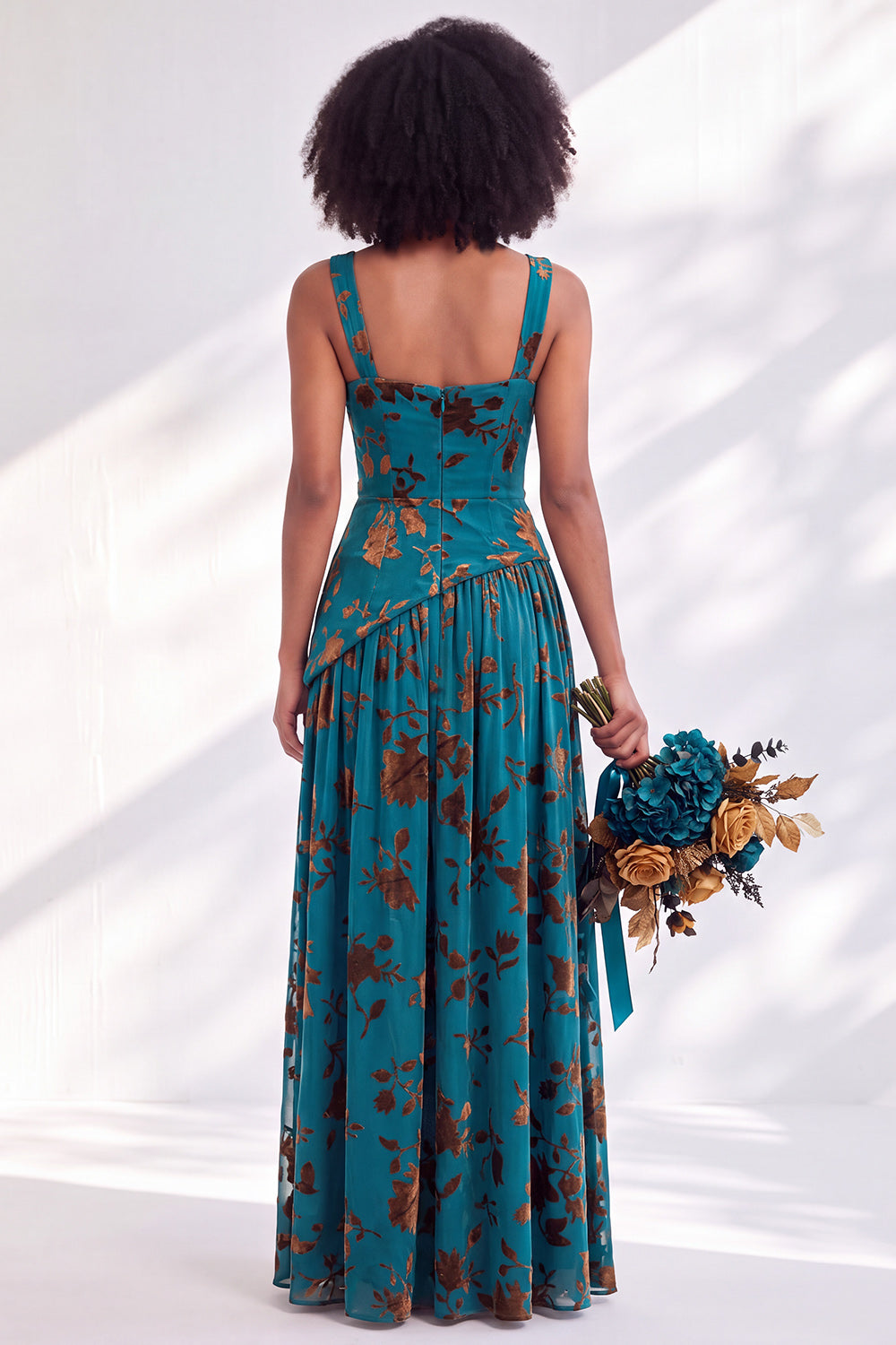 Olive Floral Square Neck Long Wedding Guest Dress with Slit