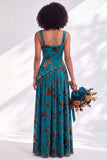 Olive Floral Square Neck Long Wedding Guest Dress with Slit