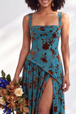 Olive Floral Square Neck Long Wedding Guest Dress with Slit
