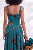 Olive Floral Square Neck Long Wedding Guest Dress with Slit