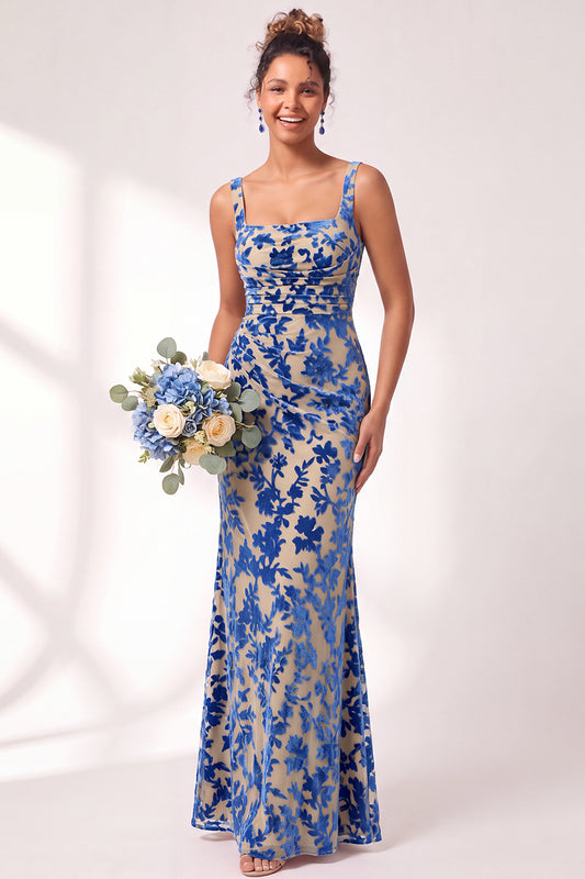 Olive Floral Square Neck Ruched Long Mermaid Wedding Guest Dress