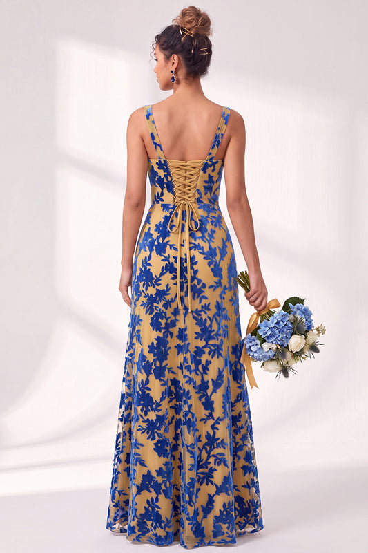 Olive Floral Square Neck Ruched Long Mermaid Wedding Guest Dress