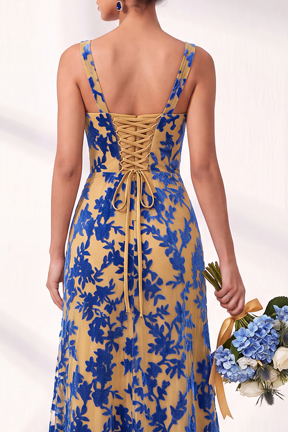 Olive Floral Square Neck Ruched Long Mermaid Wedding Guest Dress