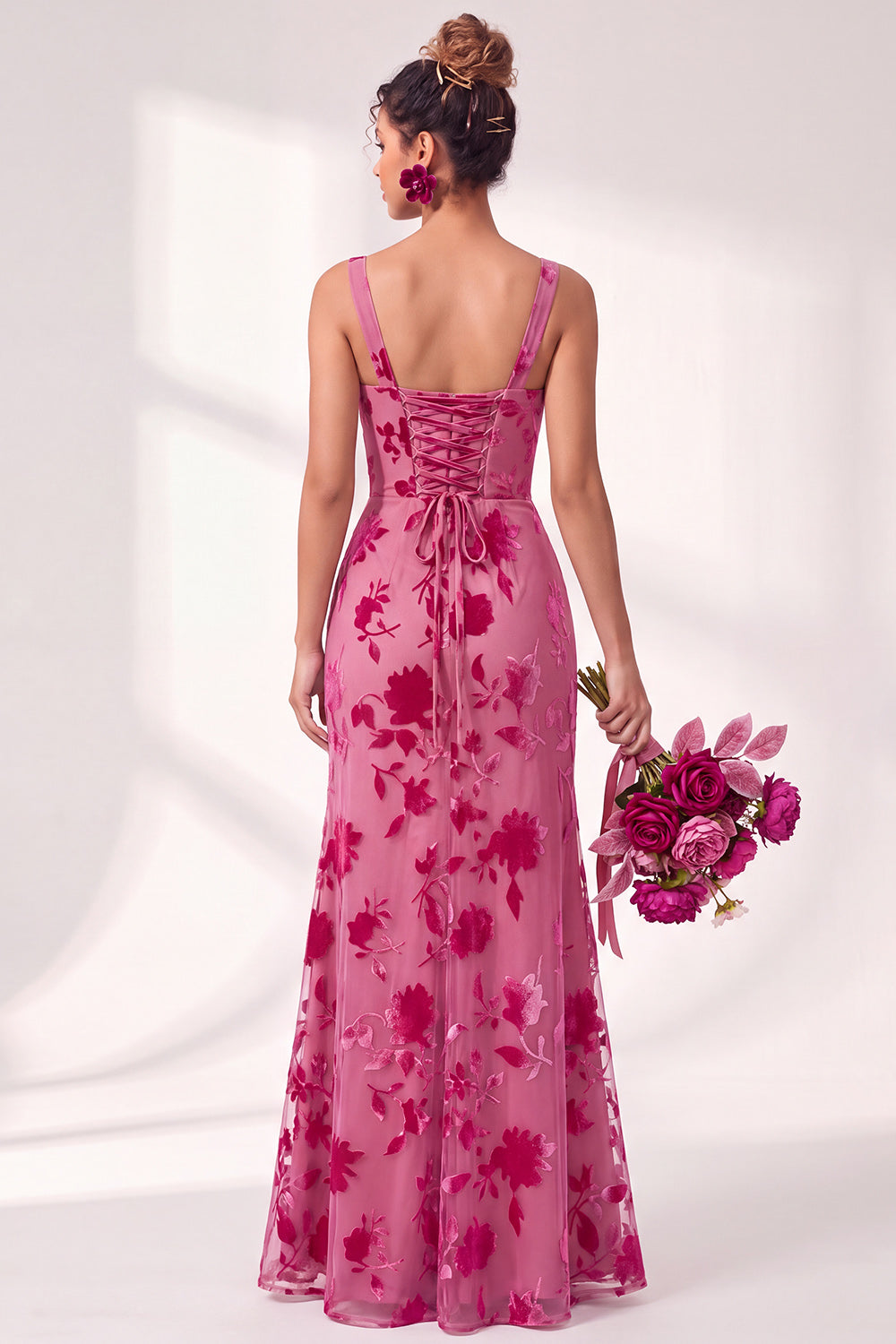 Olive Floral Square Neck Ruched Long Mermaid Wedding Guest Dress