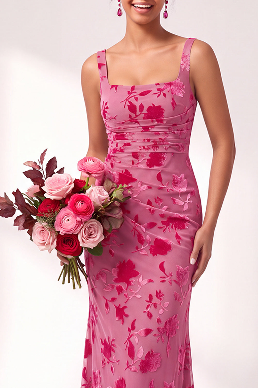 Olive Floral Square Neck Ruched Long Mermaid Wedding Guest Dress