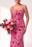 Olive Floral Square Neck Ruched Long Mermaid Wedding Guest Dress