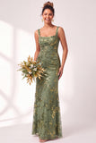 Olive Floral Square Neck Ruched Long Mermaid Wedding Guest Dress