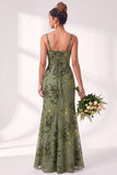 Olive Floral Square Neck Ruched Long Mermaid Wedding Guest Dress