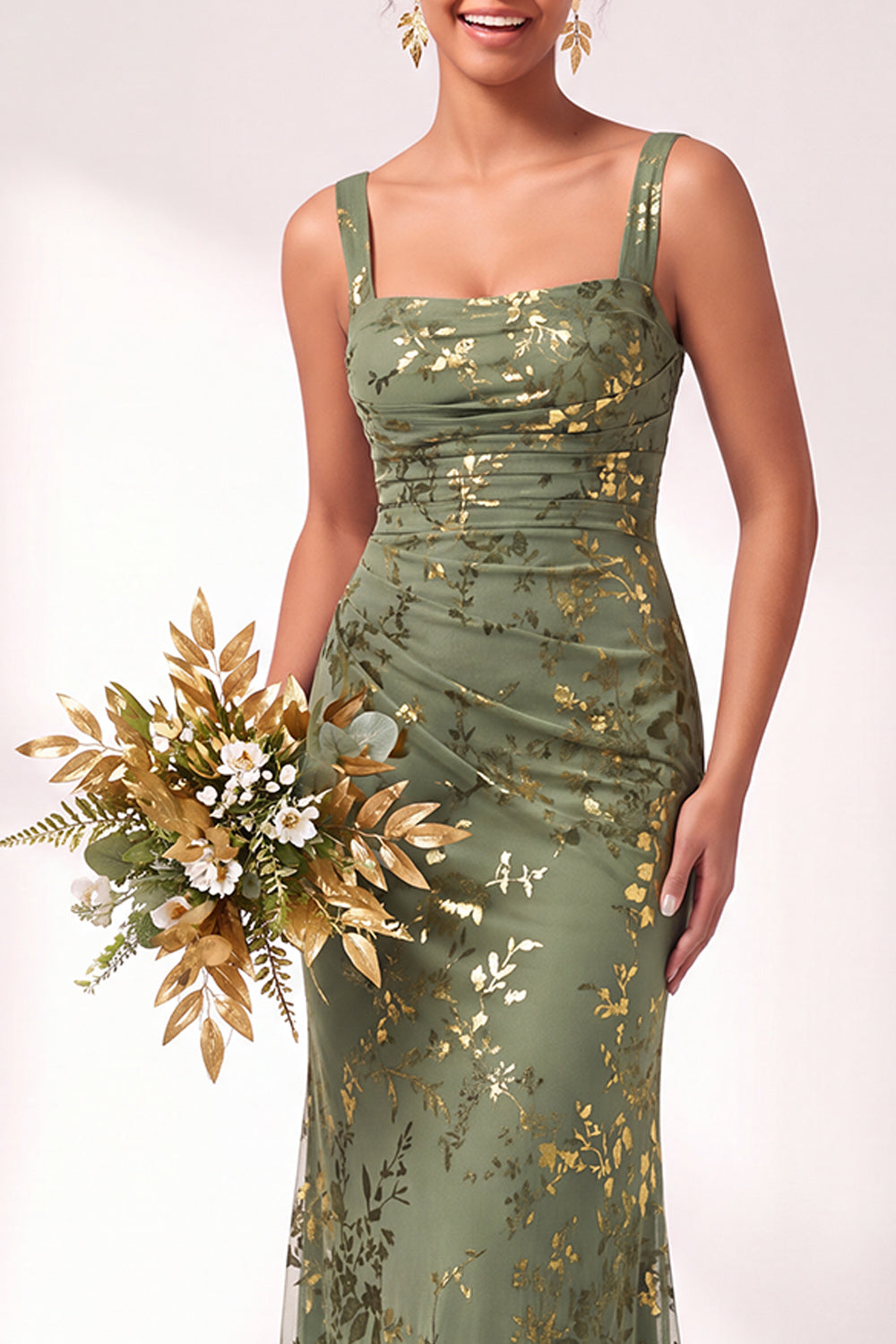 Olive Floral Square Neck Ruched Long Mermaid Wedding Guest Dress