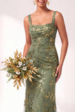 Olive Floral Square Neck Ruched Long Mermaid Wedding Guest Dress