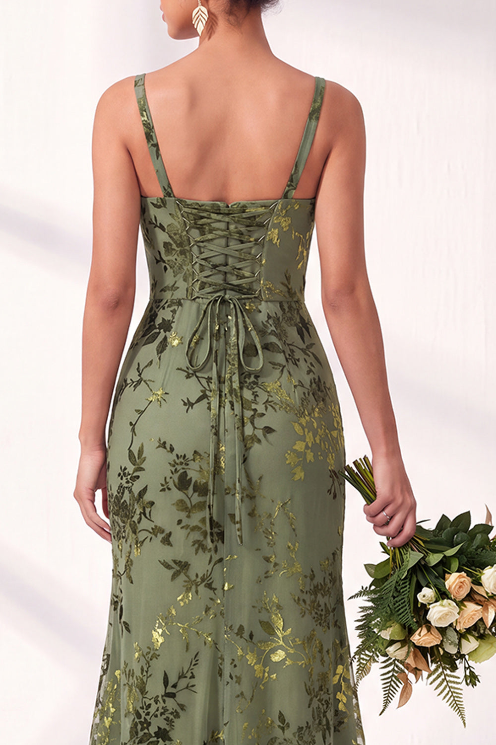 Olive Floral Square Neck Ruched Long Mermaid Wedding Guest Dress