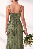 Olive Floral Square Neck Ruched Long Mermaid Wedding Guest Dress