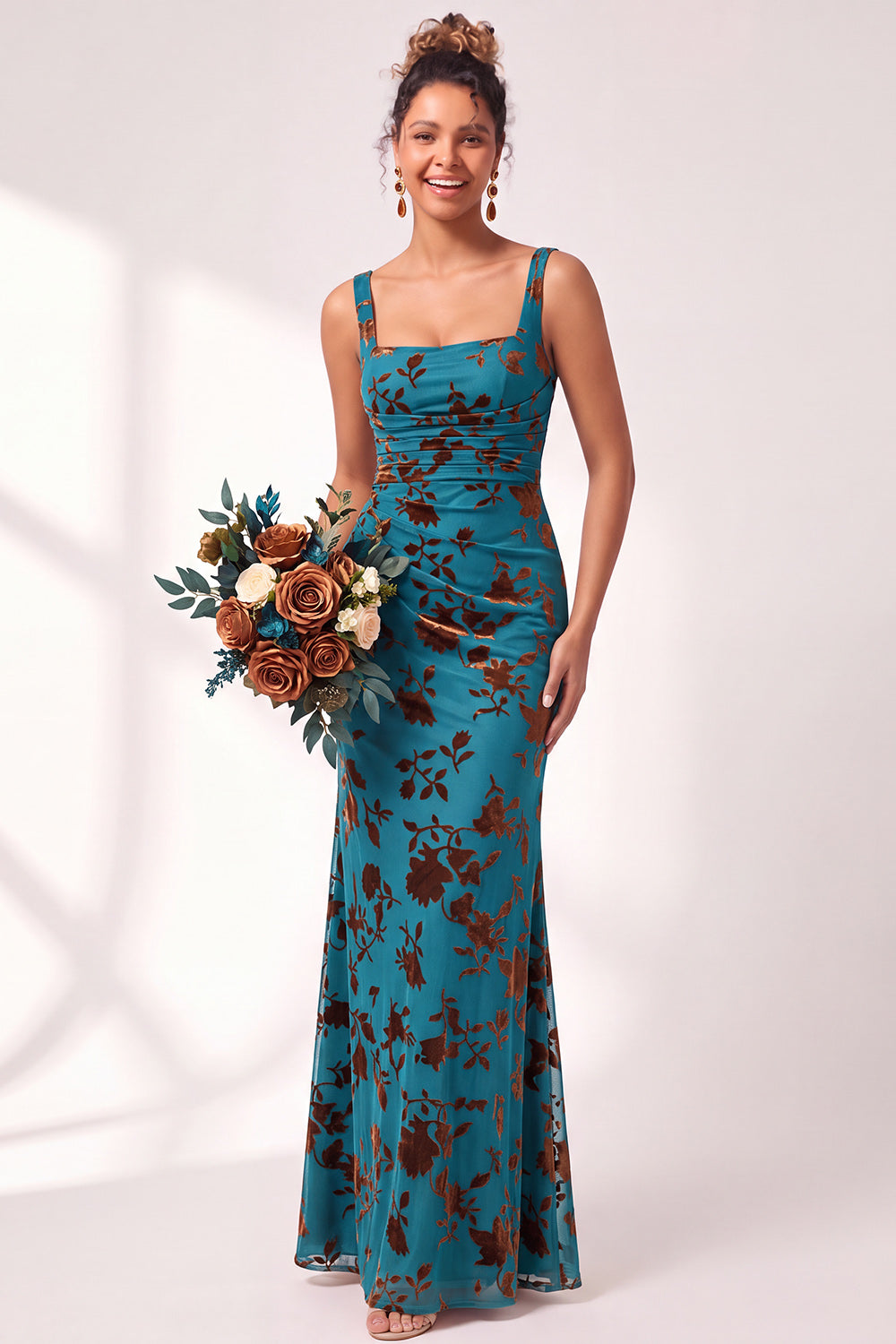 Olive Floral Square Neck Ruched Long Mermaid Wedding Guest Dress
