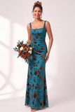 Olive Floral Square Neck Ruched Long Mermaid Wedding Guest Dress