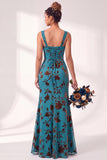 Olive Floral Square Neck Ruched Long Mermaid Wedding Guest Dress