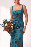 Olive Floral Square Neck Ruched Long Mermaid Wedding Guest Dress