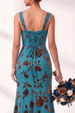 Olive Floral Square Neck Ruched Long Mermaid Wedding Guest Dress