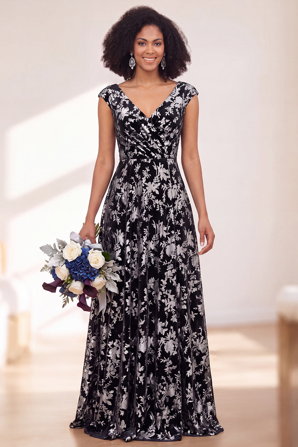 Black Silver Flower A-Line V-Neck Long Wedding Guest Dress