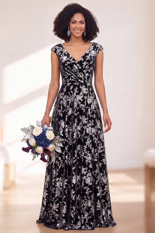 Black Silver Flower A-Line V-Neck Long Wedding Guest Dress