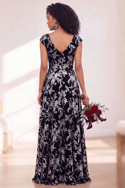 Black Silver Flower A-Line V-Neck Long Wedding Guest Dress