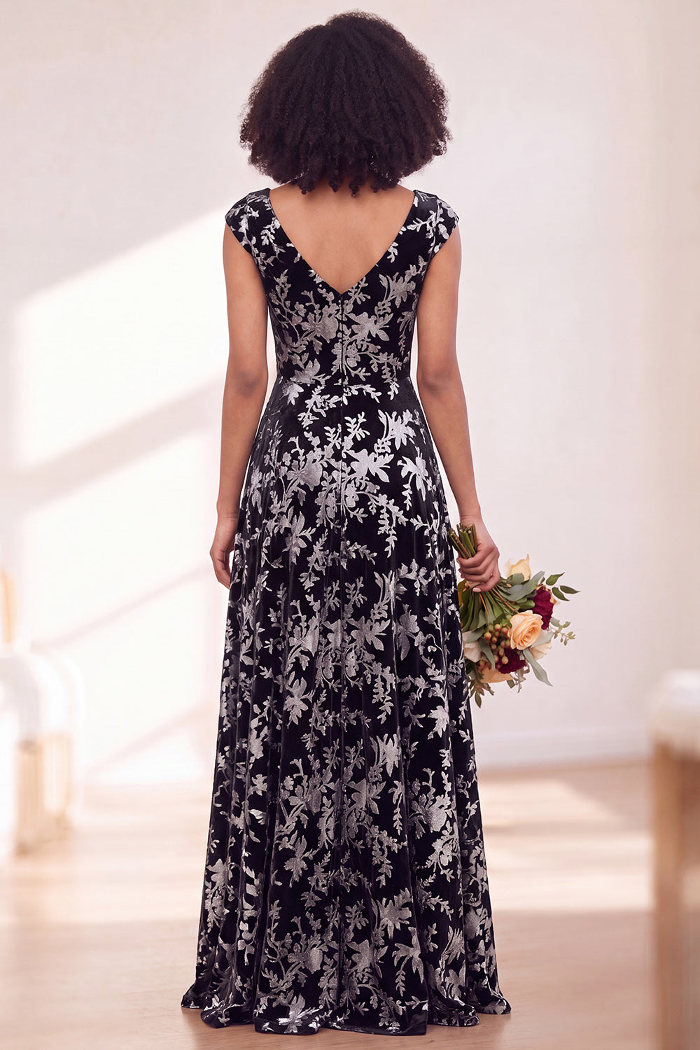 Black Silver Flower A-Line V-Neck Long Wedding Guest Dress