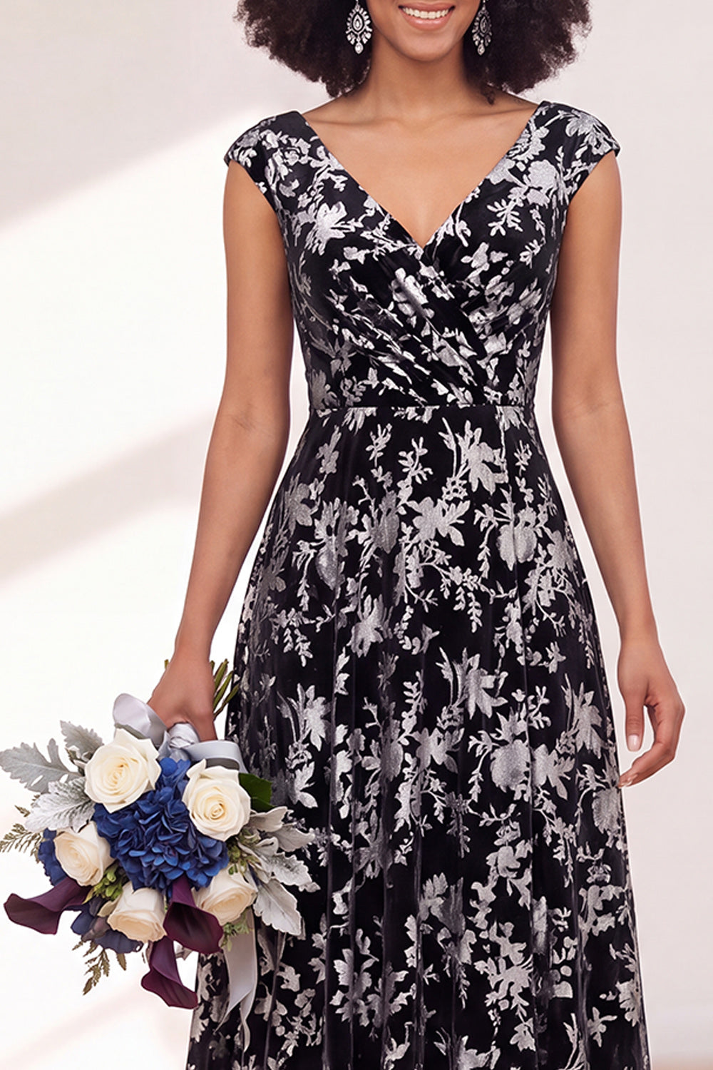 Black Silver Flower A-Line V-Neck Long Wedding Guest Dress