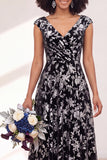 Black Silver Flower A-Line V-Neck Long Wedding Guest Dress