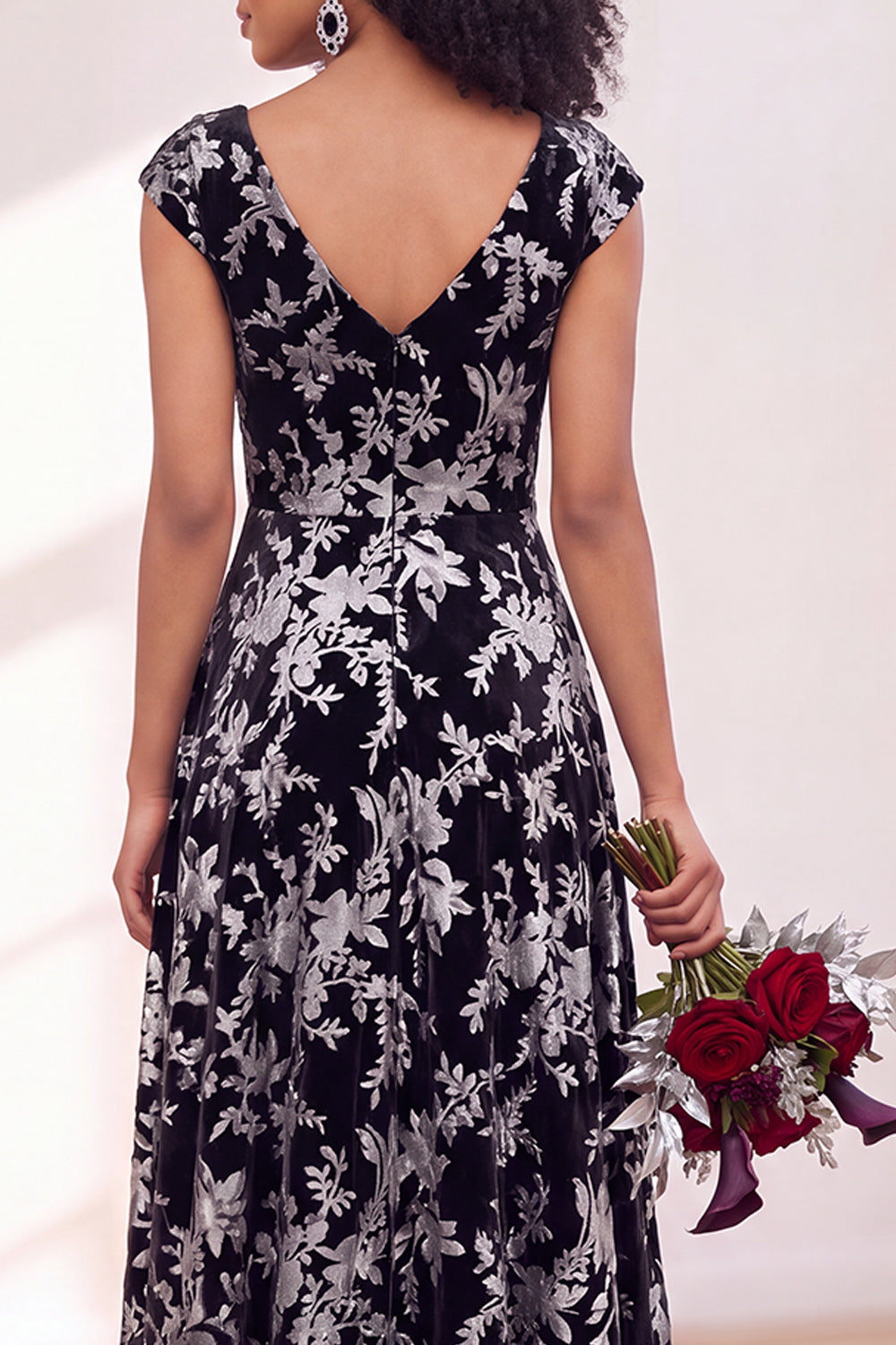Black Silver Flower A-Line V-Neck Long Wedding Guest Dress
