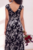 Black Silver Flower A-Line V-Neck Long Wedding Guest Dress