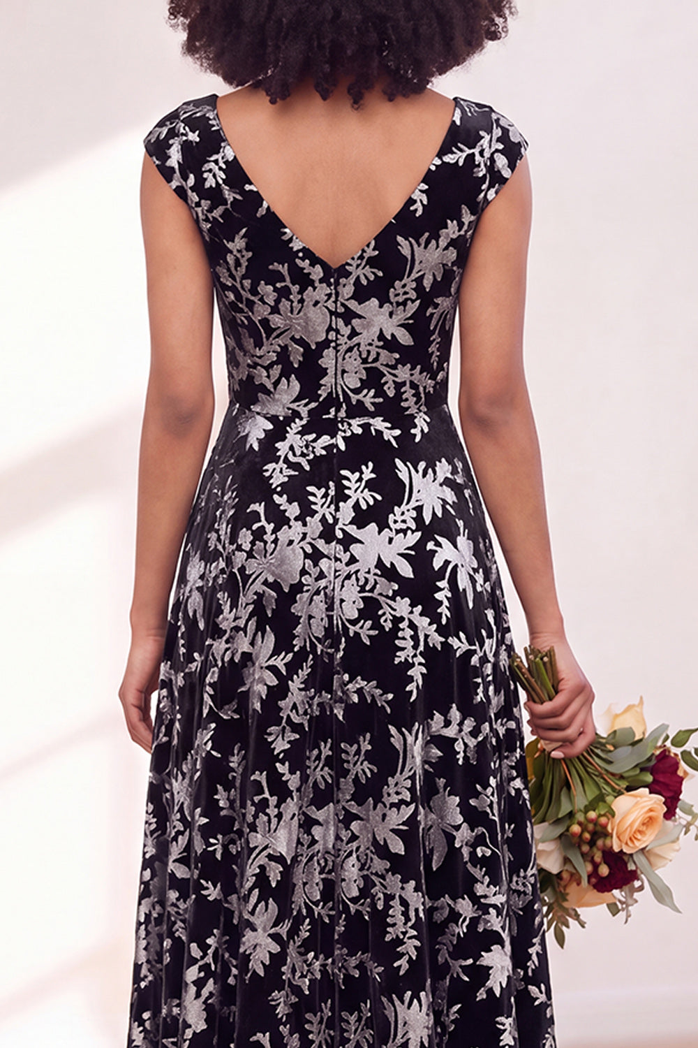 Black Silver Flower A-Line V-Neck Long Wedding Guest Dress